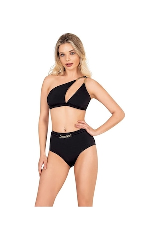 Endeep Kadın Zincir Aksesuarlı Siyah Yüksek Bel Bikini Altı Siyah