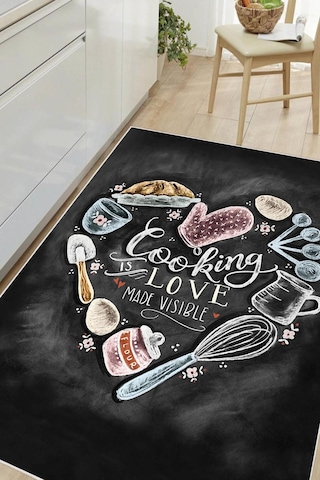 Dijital Baskılı Dekoratif Kaymaz Taban Yıkanabilir Cooking Love Halı Mutfak Halısı Yolluk Salon Halısı