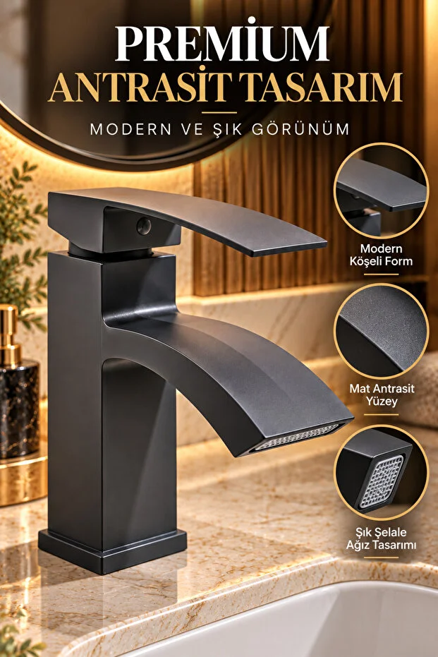 Lavabo Bataryası Şelale Akışlı Antrasit Banyo Lavabo Musluğu Modern Armatür