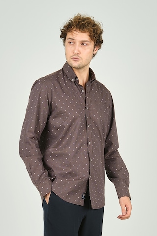 De Leone Erkek Slim Fit Desenli Uzun Kollu %100 Pamuk Gömlek 2045 Kahverengi Kahverengi