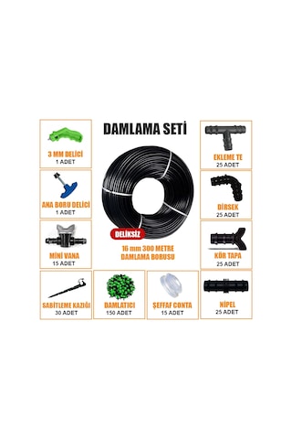 Damla Sulama Seti Damlama 300 Metre Hortumu Ve Ek Parçaları Bahçe Ağaç Fidan Sebze Sulama Ekipmanları Damlama Borusu Sistemi