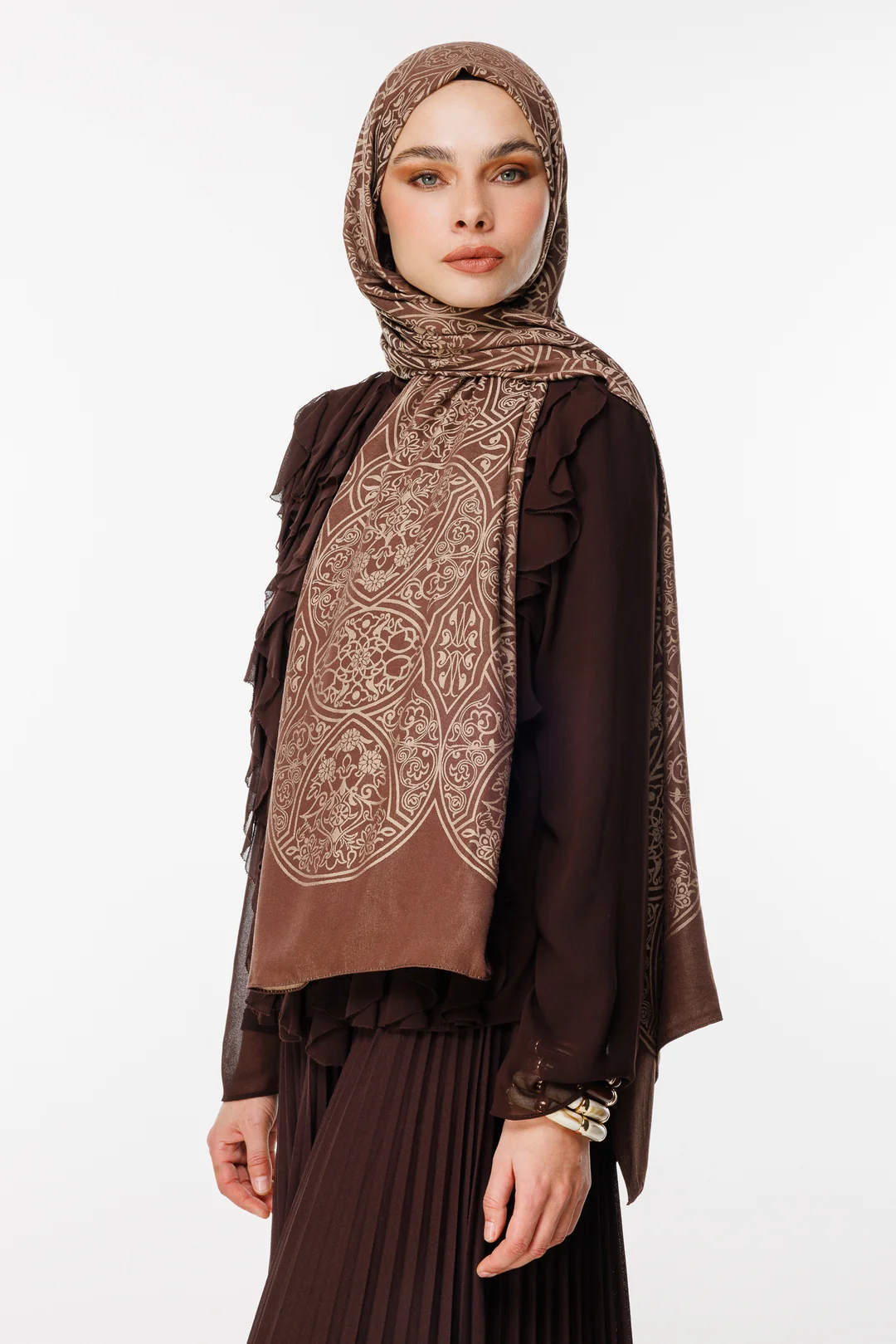 Mooncorn Morocco Desen Çift Taraflı Şal Acı Kahve - Bej