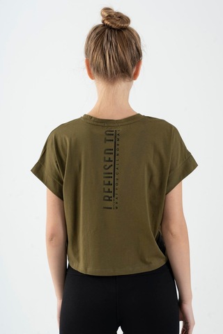 Maraton Sportswear Comfort Kadın Bisiklet Yaka Kısa Kol Basic Zeytin Crop Top 20856 Zeytin Yeşili Yeşil