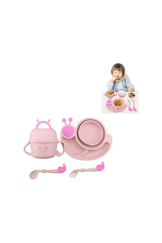 Sones Yaratıcı Anti-haşlanma Çocuk Sofra Takımı Bebek Salyangoz Bölmesi Kaşık Bardak Kase Pembe