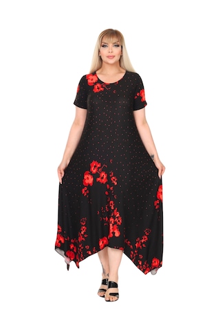 Melsay Butik Kırmızı Puanlı Gelincik Desen Asimetrik Kısa Kollu Elbise Siyah