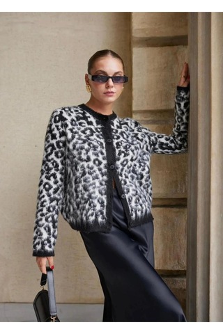Flex Fashıon Kadın Bisiklet Yaka Siyah Beyaz Leopar Desenli Tüylü Desenli Hırka Gri-siyah - 671847464 Gri-siyah - 671847464 Gri-siyah