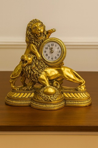 Gümüş Gold Aslan Figürlü Masa Saati 28x26 Gold