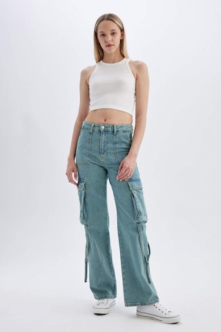 Defacto Wide Leg Kargo Yüksek Bel Uzun Jean Yıkamalı Pantolon D1228AX24HSNM85 İndigo