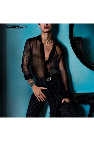 İncerun Yaz Erkek Uzun Kollu Gömlek İnce Düğme Clubwear Parti Siyah Üstler Siyah