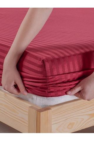 Bordo Pamuklu Çizgili Saten Lastikli Çarşaf Takımı Tek Kişilik + 1 Yastık Kılıfı Bordo