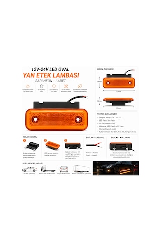 Mega Oto Market Led Braketli Yan Etek Aydınlatma Sarı Neon 12-24v Kamyon Tır Yan Lamba