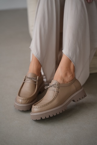 Orsel Hakiki Deri Bağcıklı Kadın Loafer- Vizon