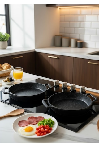 Ressla Döküm Sahan Seti Yapışmaz Yumurta & Kızartma Tavası Omlet Tavası 18cm + 20cm Siyah