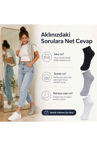 Çorap Giyim Kadın Kısa Konç Çorap 3 Lü Paket, %80 Pamuklu, Dikişsiz Burun, Nefes Alan Yumuşak Bilek Çorabı, Siyah Gri Beyaz Çok Renkli