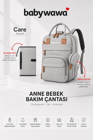 Babywawa Care Su Geçirmez Alt Açma Pedli Emzik Saklama Bölmeli Anne Bakım Çantası Gri