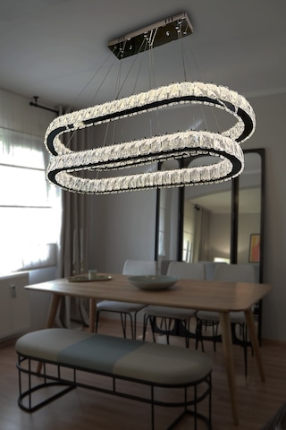 2 Katlı Yemek Masası Üstü Taşlı Modern Avize Krom