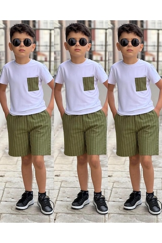 Sy Store Erkek Çocuk Çizgili Şort & Cep Detaylı Basic Tişört Takımı Yazlık Şık Kombin Haki