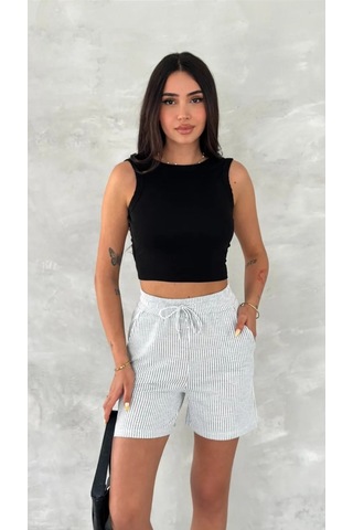 Yandan Cepli Beli Bağcıklı Su Yolu Kadın Çizgili Şort Gri