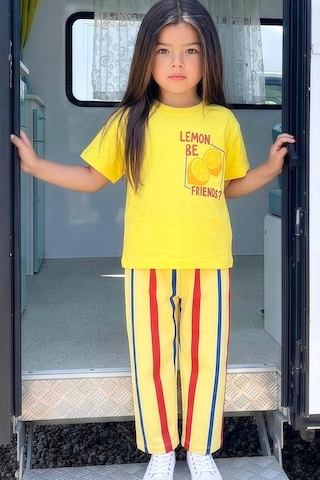 Monila Unisex Çocuk Pamuklu Sarı Limon Baskılı T-shirt Ve Eşofman Alt Üst Takım