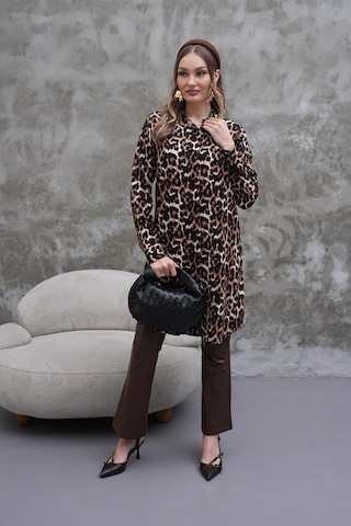 Polologin Butik Leopar Desenli Kahverengi Gömlek Tunik Siyah & Kahverengi