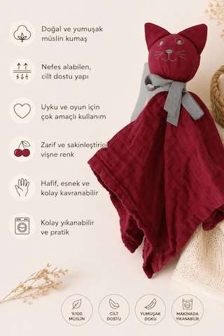 Reyo Beberotti %100 Müslin Tavşan Uyku Arkadaşı Vişne Hava Alabilen Yumuşak Bebek Uyku ve Oyun Arkadaşı