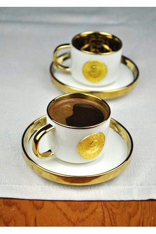 2'li Altınlı Türk Kahve Fincan Takımı Porselen Yaldızlı 4 Parça