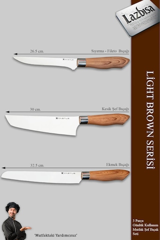 Light Brown Serisi Mutfak Bıçak Et Sebze 3 Lü Şef Bıçağı Mft-749 Kahverengi