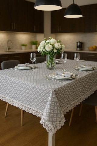 Lüks Gri Dantel Detaylı Masa Örtüsü Şık Desenli Su Geçirmez Kumaş Şık Sofra Dekoru Gri