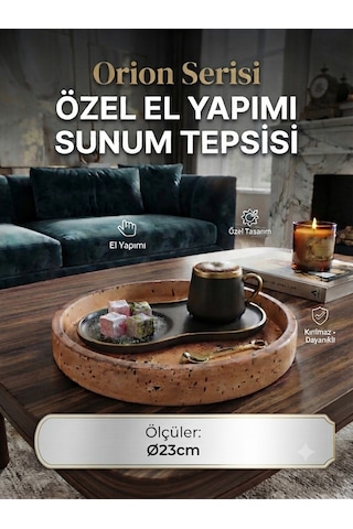 Orion Serisi 23x23 Cm El Yapımı Kırılmaz Dekoratif Yuvarlak Sunum Tepsisi - Türk Kahvesi Ve İkramlık Sunumluk Çok Renkli