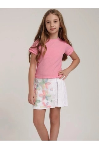Kız Çocuk Çiçek İşlemeli Tasarım Kot Şort Etek-15623 Beyaz