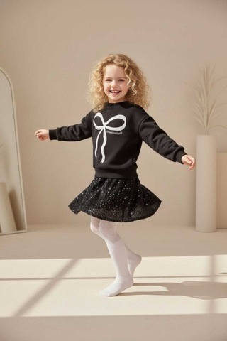 Uğur Bebe Kız Çocuk Premium Siyah Pullu Esnek Etekli Şık Lüks Sweatshirt Takımı Siyah Siyah