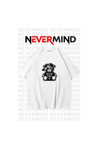 Nevermind Erkek Oversize Siyah Tişört Hip Hop Ayı Baskılı, Sokak Modası S Beyaz