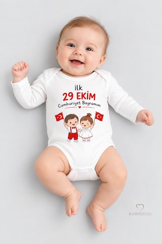 Babyden's İlk 29 Ekim Cumhuriyet Bayramım Baskılı Bebek Çıtçıtlı Body Uzun Kollu %100 Pamuk Unisex Zıbın Badi Beyaz