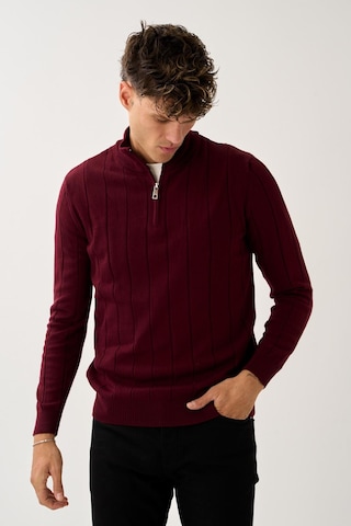 Dikey Dokuma Desenli Fermuarlı Triko Kazak Bordo