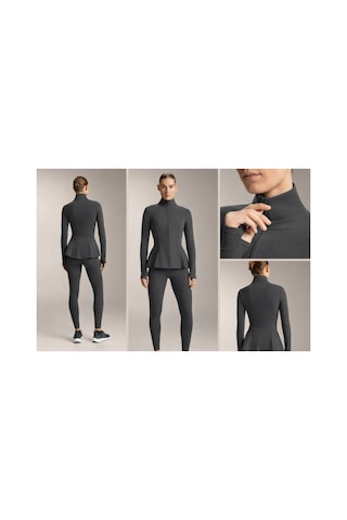 Gugus Kadın Light Warm Running Volanlı Fermuarlı Yüksek Yaka Spor Ceket Esnek Activewear Füme