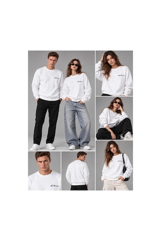 Hk Premium Sweatshirt Bisiklet Yaka Hk Premium Logolu Erkek Basic Beyaz