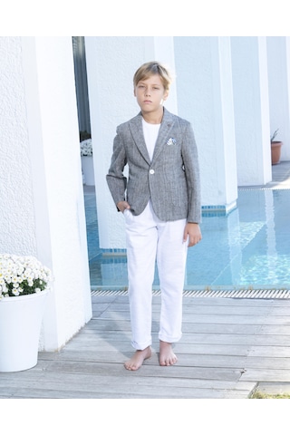 Erkek Çocuk Gri Takım Elbise Keten Spor Takım 3-14 Yaş Ceket Pantolon Tişort 3-14 Yaş Gri