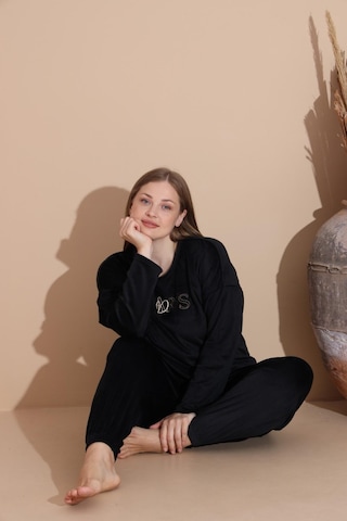 Boyraz Kadın Kışlık Fransız Kadife Büyük Beden Bisiklet Yaka Uzun Kol Pijama Takımı 03134 - 1 Adet Siyah