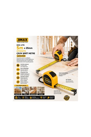 12 Adet 5mt X 25mm Otomatik Çelik Şerit Metre Stoplu 1 M