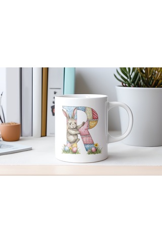 R Harfli Tavşan Kupa - Patchwork / Yamalı Desenli İsme Özel Kupa - Pastel Vintage Tarz Hediyelik 07 Beyaz