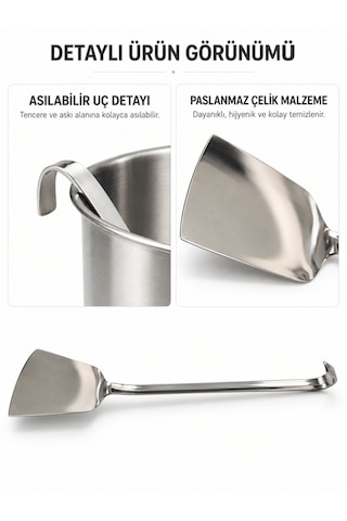 Beylini Endüstriyel Düz Servis Spatulası Delikli Paslanmaz Çelik Uzun Saplı Asılabilir Izgara Tava Lokanta Profesyonel Mutfak Gri No 1