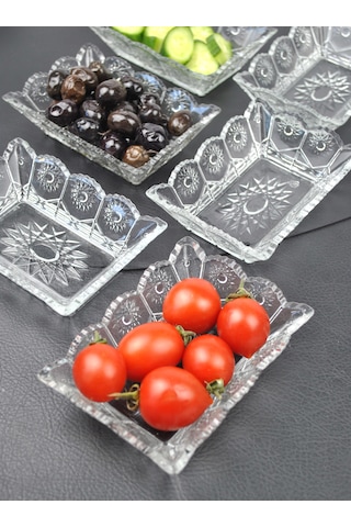 6'lı Cam Kase Çerezlik Kahvaltılık Dikdörtgen Sunumluk-13x10x4cm