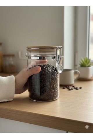 Morponi 2'li Borosilikat Cam Bambu Kapaklı Kelepçeli Kavanoz 1000 Ml Şeffaf