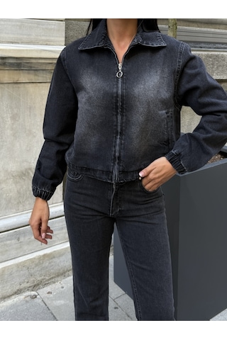 Out Of Standart Kadın Cropped Fermuar Detaylı Denim Ceket Siyah