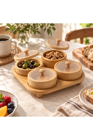 4'lü Kapaklı Bambu Kahvaltılık Ve Çerezlik Seti, 22 X 22 Cm, Bambu Sunum Tepsili Servis Seti Çok Renkli