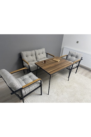 Modern Merkür Balkon, Bahçe, Cafe - Metal Kanepe Koltuk Takımı - 2+1+1 + Masa Açık Gri Modernsh29 Açık Gri