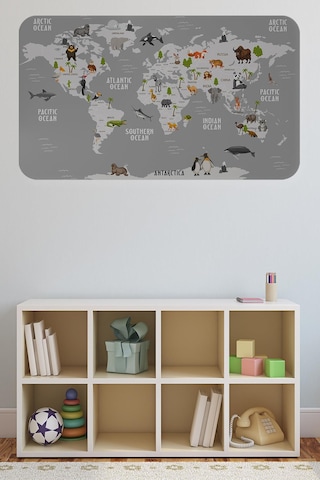 Eğitici Dünya Haritası Dünya Atlası Çocuk Ve Bebek Odası Duvar Sticker-60x105-3794 - Renkli Çok Renkli