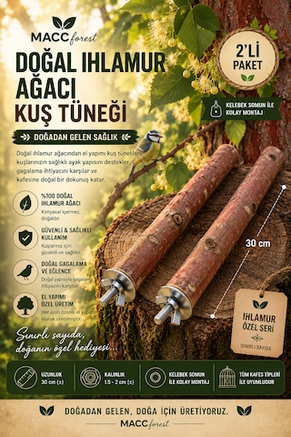 Mutlu Kuşlar Serisi / Doğal Ihlamur Ağacı Kuş Tüneği / 2 Adet - 30/35cm