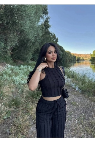 Mayrem Kadın Kaşkorse Crop Top Ve Bol Paça Pantolon İkili Takım Siyah