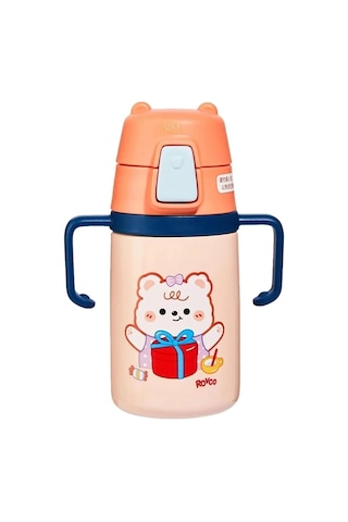 Rovco 400ml Silikon Pipetli Sevimli Ayıcıklı Boyun Askılı Bebek Kulplu Paslanmaz Çelik Termos Turuncu Genel